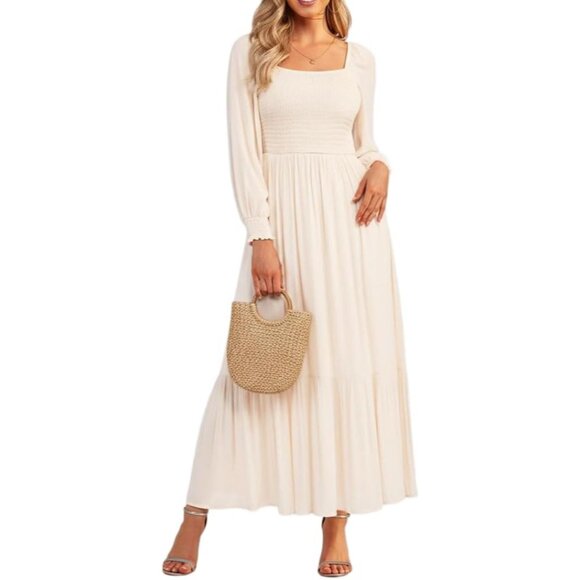 Women's Boho Maxi Dress Viscose Square Neck Smocked Long Sleeve Casual